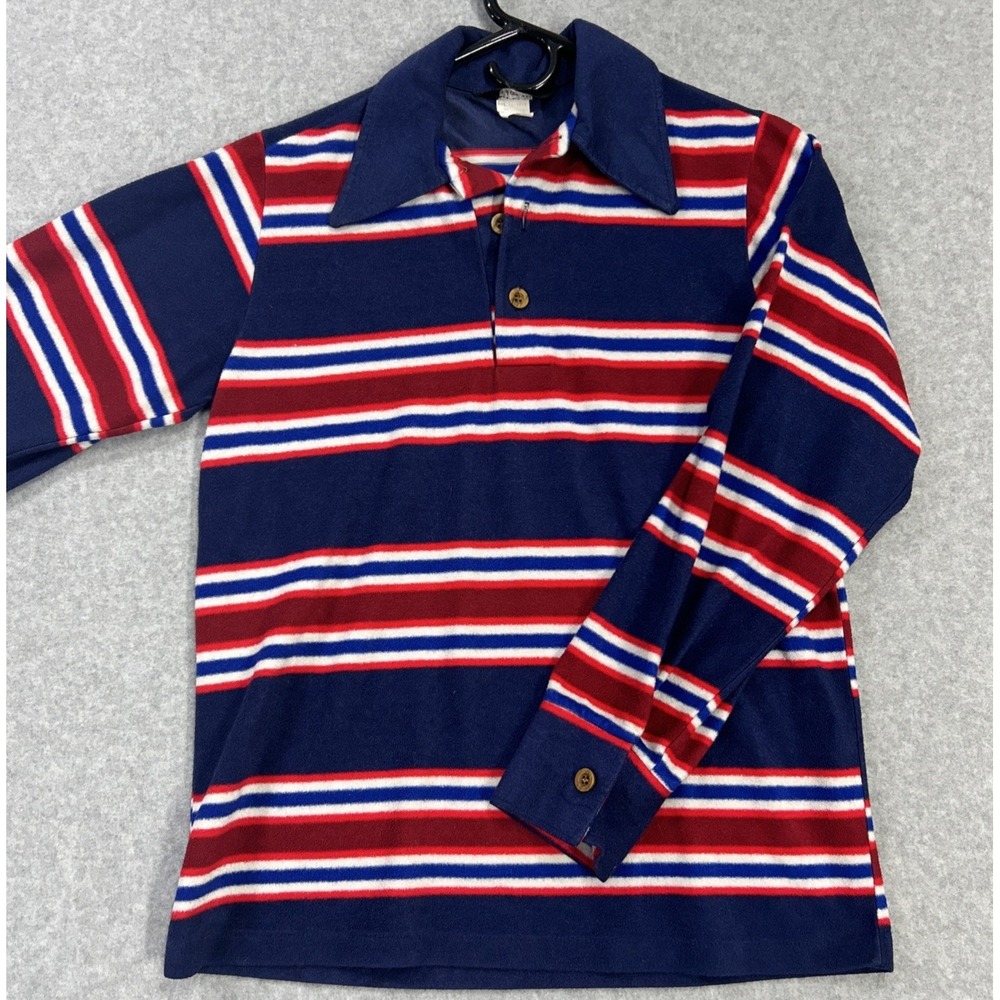 Vintage  80s JC Penney Red White Blue Striped Long Sleeve Polo Shirt S Acetate
